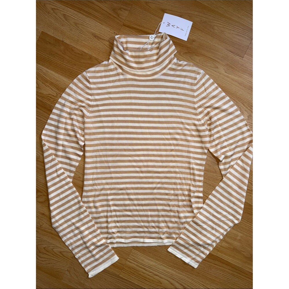 NWT Wayf Striped Turtleneck Long Sleeve Top Cream Tan Lightweight Med Lyocell